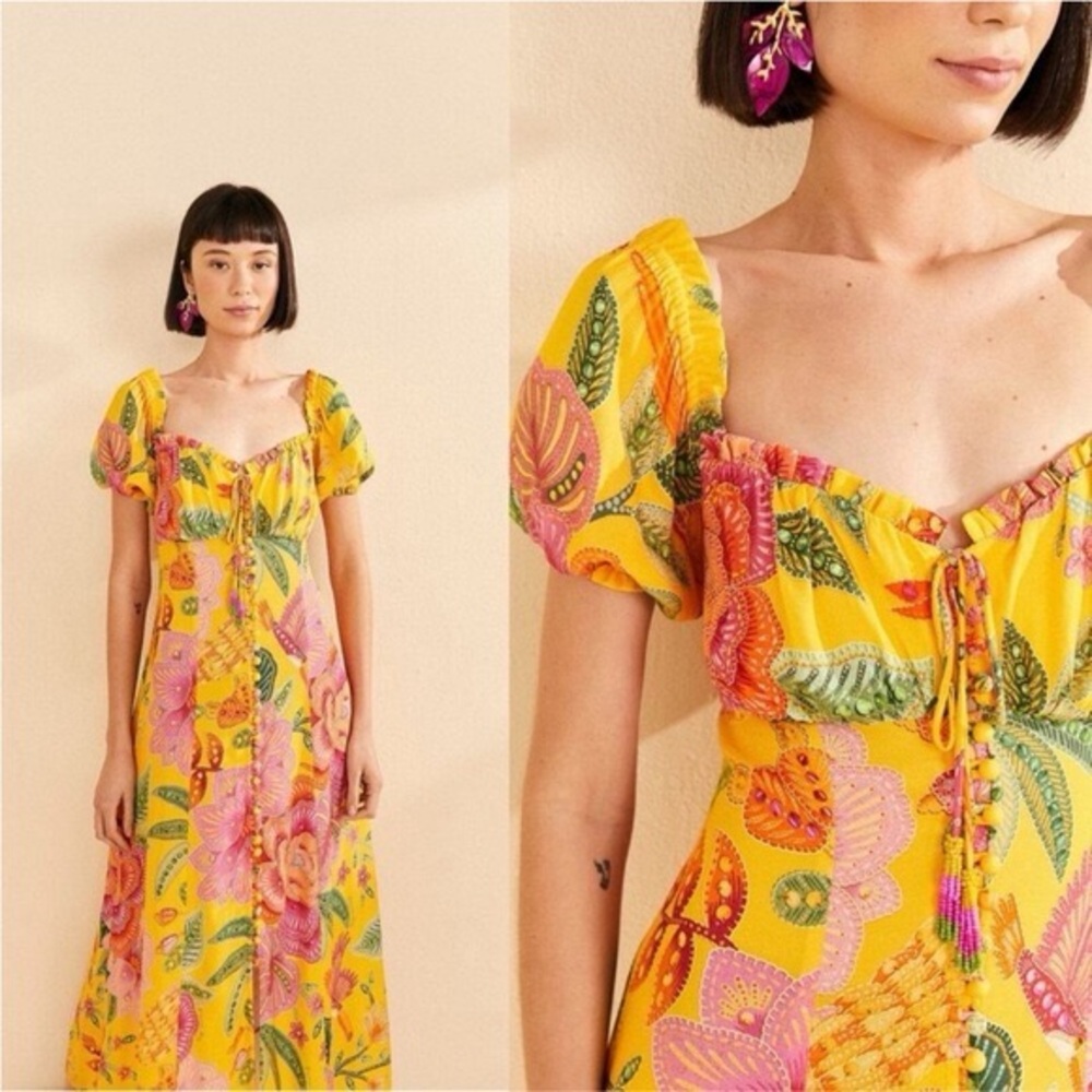 FARM Rio Yellow Floral Midi Dress with Pink & Green Print